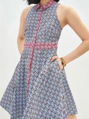 Maeve Buckley Geometric Sleeveless Fit-and-Flare Dress with Pink Trim